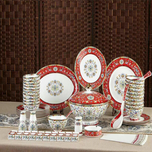 唐山陶瓷58头珐琅彩骨质瓷餐具，定制礼品陶瓷盘碗
